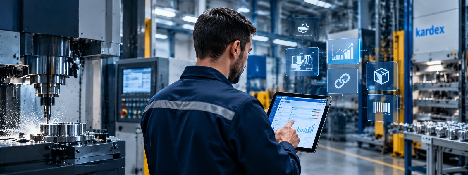 mes_hero_web Operatore che monitora la produzione industriale tramite tablet, software MES e macchinari connessi